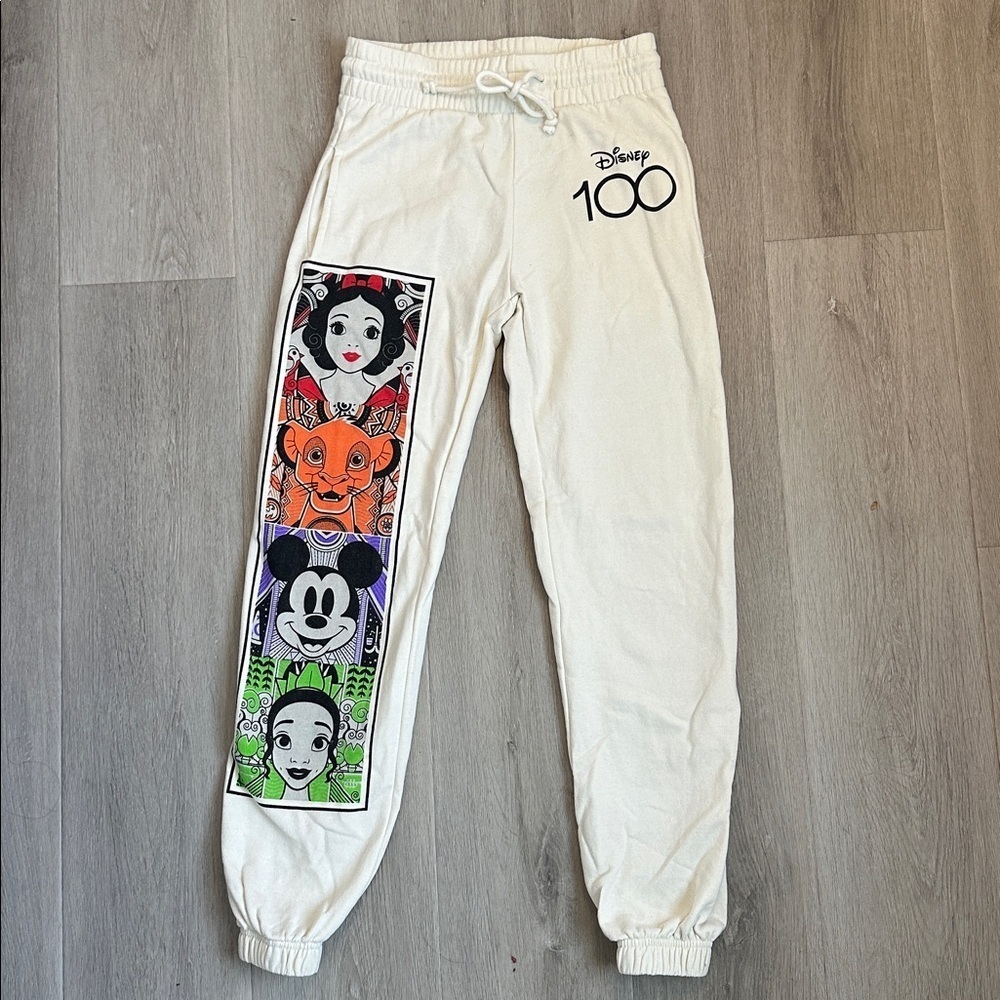 Disney 100 White Joggers with Colorful Character Panels size Xs 1